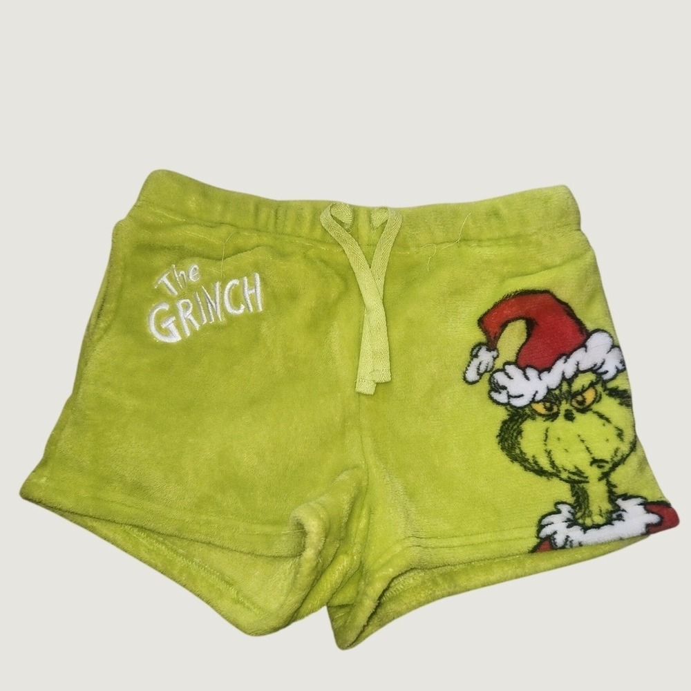 Dr Seuss The Grinch Lime Green Plush Fleece Pajama Lounge Shorts Santa Hat Small